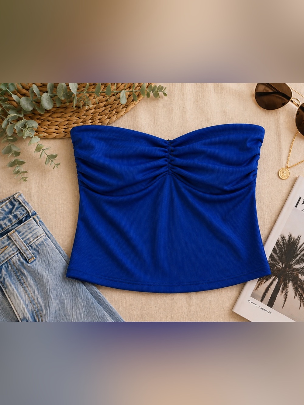 Express Royal Blue Strapless Ruched Crop Top